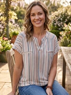 Flower & Feather Striped V-Neck Blouse 3X Boho Southwestern Desert Chic Casual